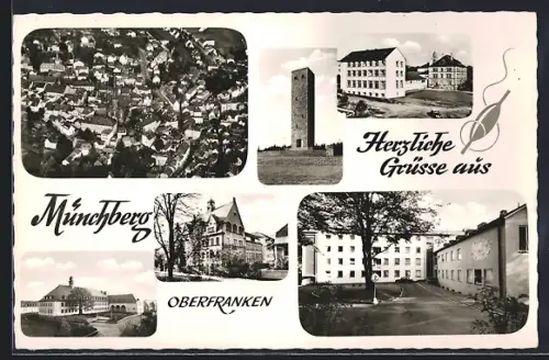AK Münchberg /Ofr., Ortsansicht vom Flugzeug aus, Turm, Ortspartien