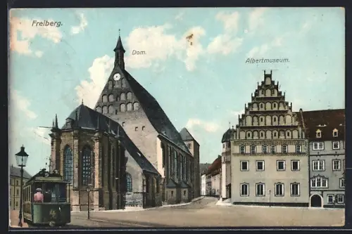 AK Freiberg / Sa., Strassenbahn am Dom und Albertmuseum