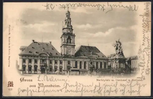 AK Mannheim, Marktplatz m. Denkmal u. Rathaus