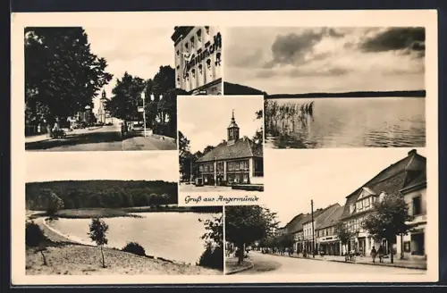 AK Angermünde, Strassenpartie mit Restaurant, Turmgebäude, Wasserpartien