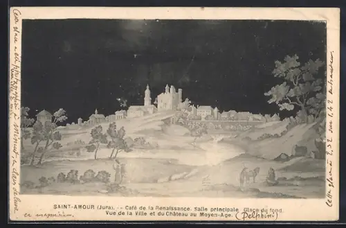 AK Saint-Amour /Jura, Café de la Renaissance, Salle principale, Vue de la Ville et du Chateau