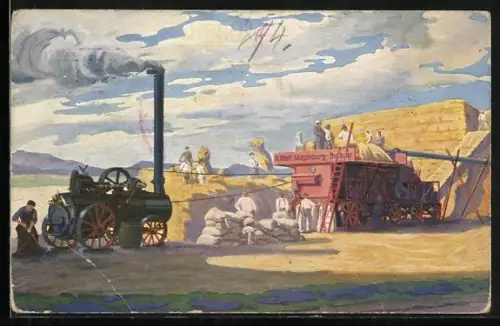 Künstler-AK Magdeburg-Buckau, Heissdampf-Dreschmaschine von R. Wolf, Landwirtschaft, Erntearbeiten