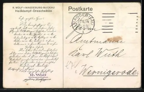 Künstler-AK Magdeburg-Buckau, Heissdampf-Dreschmaschine von R. Wolf, Landwirtschaft, Erntearbeiten