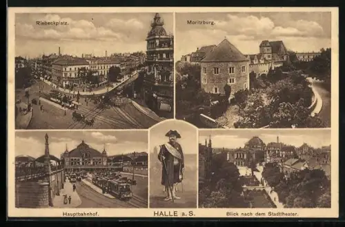AK Halle a. S., Riebeckplatz, Moritzburg, Hauptbahnhof, Stadttheater