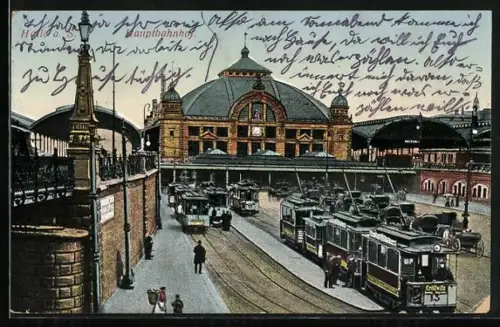 AK Halle a. d. Saale, Hauptbahnhof, Strassenbahnen