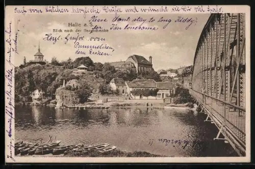 AK Halle a. S., Blick nach der Bergschenke und Saalebrücke