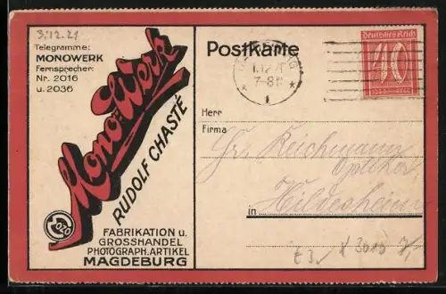 AK Magdeburg, Monowerk Rudolf Chasté, Fabrikation und Grosshandel Photograph-Artikel