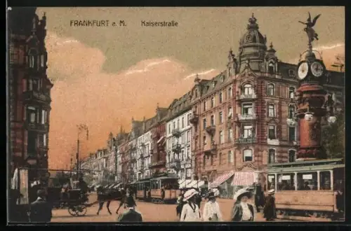 AK Frankfurt a. M., Kaiserstrasse, Strassenbahn, Uhrturm