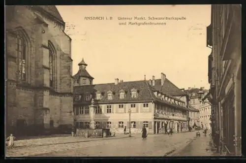 AK Ansbach i. B., Unterer Markt, Schwanritterkapelle, Markgrafenbrunnen