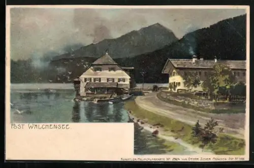 Lithographie Walchensee, Seeufer, Berge