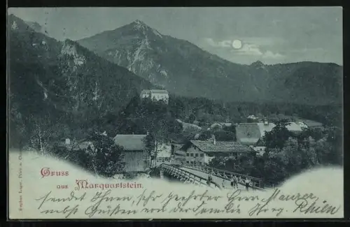 Mondschein-AK Marquartstein, Ortsansicht mit Schloss und Bergen