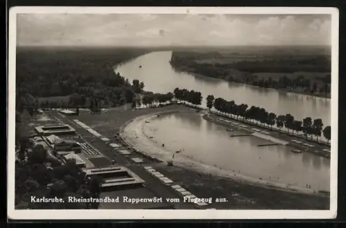 AK Karlsruhe, Rheinstrandbad Rappenwört vom Flugzeug aus