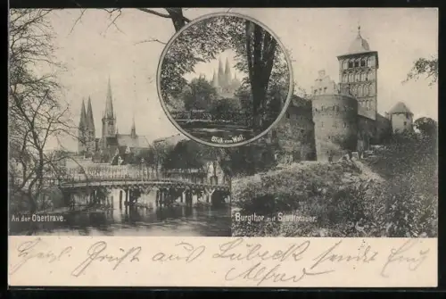 AK Lübeck, Obertrave, Burgtor mit Stadtmauer, Blick vom Wall