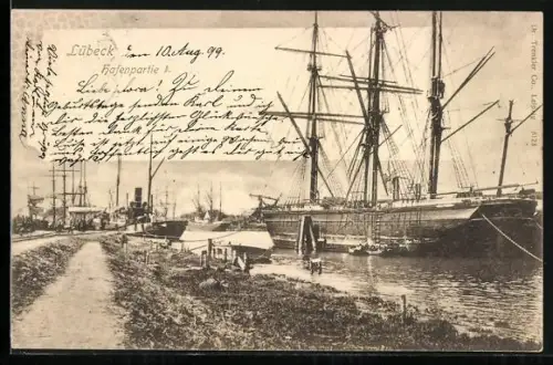 AK Lübeck, Hafenpartie, Segelschiffe, Kai