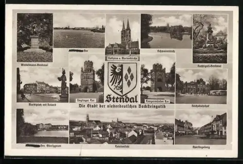AK Stendal, Rathaus u. Marienkirche, Marktplatz mit Roland, Tangermünder Tor