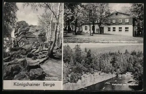 AK Königshain /Görlitz, Teufelsstein, Konsum-Gaststätte Hochsteinbaude, Naturbad am Totenstein