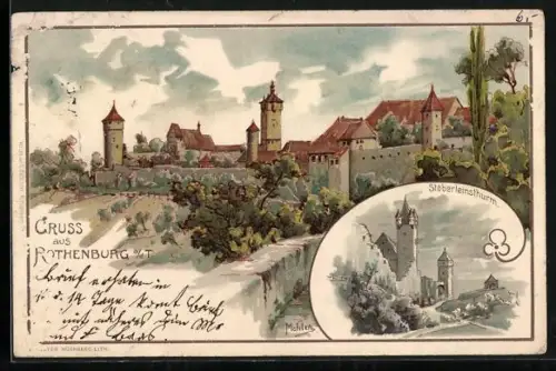 Lithographie Rothenburg o. d. T., Stadtmauer, Türme, Stöberleinsturm