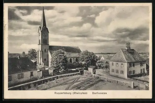 AK Ruppertsburg /Rheinpfalz, Dorfinneres, Kirche, Wohnhäuser