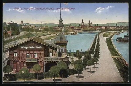 AK Mainz, Blick von der Eisenbahnbrücke mit Winterhafen und Mainzer Ruder-Verein