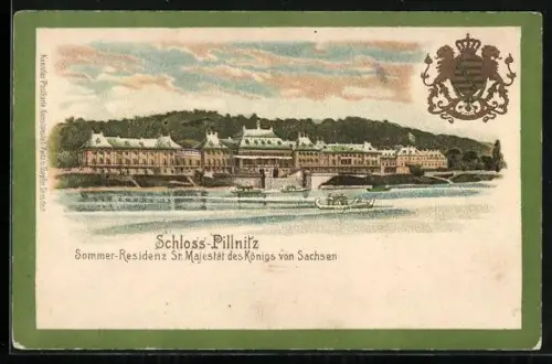 Lithographie Dresden-Pillnitz, Schloss Pillnitz, Sommer-Residenz des Königs von Sachsen