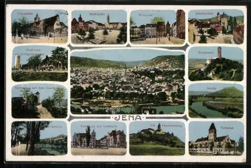 AK Jena, Universität, Marktplatz, Volksbad, Johannisthor, Fuchsturm