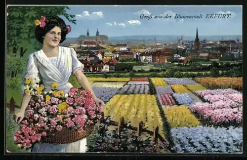 AK Erfurt, Blumenfelder und Stadtansicht