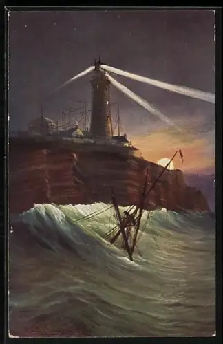 Künstler-AK Helgoland, Leuchtturm, Schiffswrack, Klippen