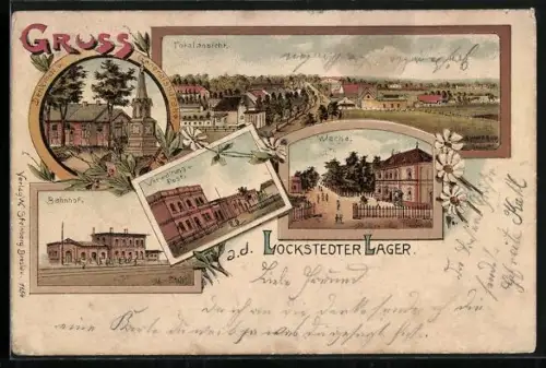 Lithographie Lockstedter Lager, Bahnhof, Denkmal & Generalsbarake, Wache, Verwaltung & Post