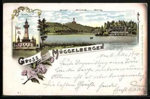 Lithographie Berlin-Köpenick, Gasthaus am Teufelsee v. C. Streichhan, Aussichtsturm auf den Müggelbergen