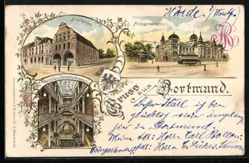 Lithographie Dortmund, Altes Rathaus, Fredenbaum mit Strassenbahn, Waarenhaus Biermann & Heinemann von innen