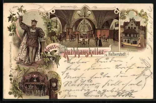 Lithographie Halberstadt, Gasthaus Rathhauskeller, Rathaus