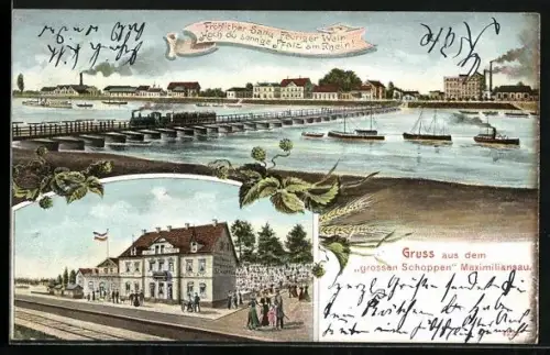 AK Maximiliansau / Rhein, Gasthaus zum grossen Schoppen, Stadtpanorama mit Pontonbrücke