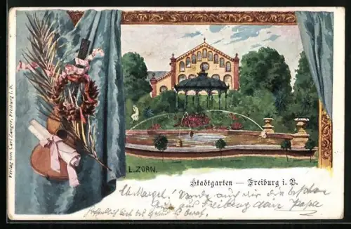 Künstler-AK Ludwig Zorn: Freiburg / Breisgau, Stadtgarten mit Wasserspiel