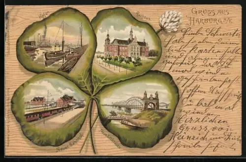 Passepartout-Lithographie Hamburg-Harburg, Hafen, Neuer Bahnhof, Rathaus, Kleeblatt