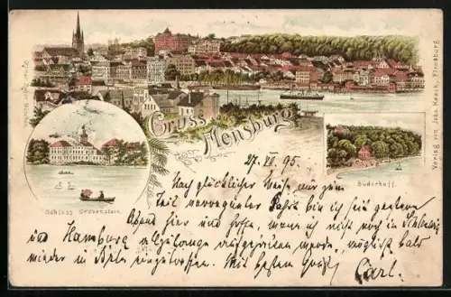 Vorläufer-Lithographie Flensburg, 1895, Teilansicht, Schloss Gravenstein, Süderhaff