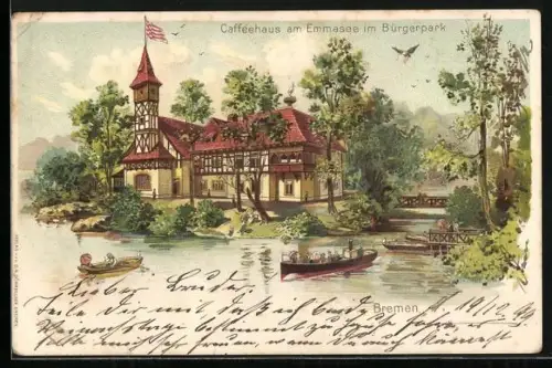 Lithographie Bremen, Cafehaus am Emmasee im Bürgerpark