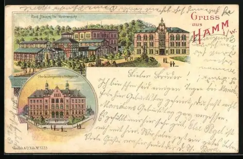 Lithographie Hamm i. W., Hotel Bad Hamm Vorderansicht, Oberlandesgericht und Amtsgericht