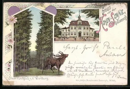 Lithographie Eisenach, Hotel zur Hohen-Sonne, Neuer Durchblick nach der Wartburg