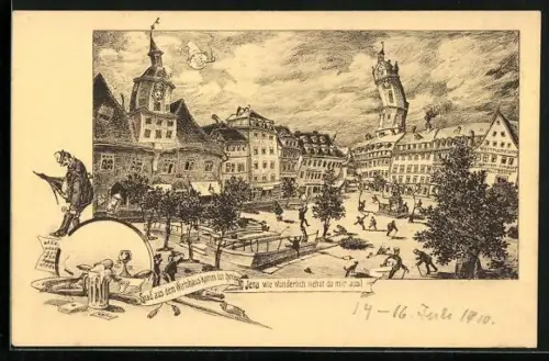 AK Jena, Platz aus der Sicht eines Betrunkenen, mit Weinhandlung & Cigarren-Import Paul Göhre