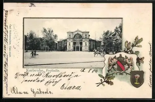 Passepartout-Lithographie Karlsruhe, Ansicht der Festhalle, Wappen