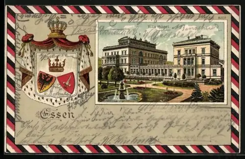 Passepartout-Lithographie Essen, Villa Hügel mit Parkanlagen, Wappen