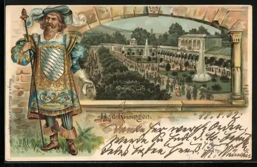 Passepartout-Lithographie Bad-Kissingen, Konversationshaus, Krieger mit Wappen
