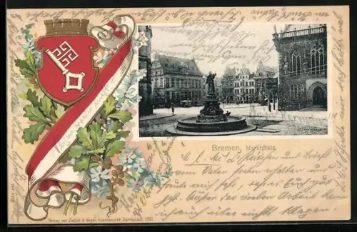 Passepartout-Lithographie Bremen, Brunnen am Marktplatz, Wappen