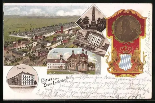Passepartout-Lithographie Lager Lechfeld, Teilansicht, Neue Kaserne, Kloster, Wappen