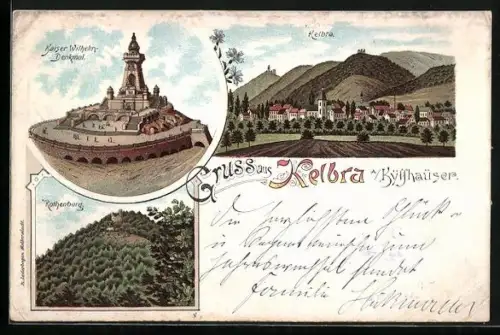 Lithographie Kelbra, Kaiser Wilhelm-Denkmal, Rothenburg, Gesamtansicht