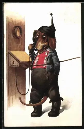 AK Dackel in Klamotten telefoniert