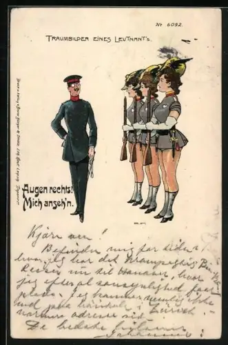 Künstler-AK Leutnant schreitet Front von angetretenen Frauen ab