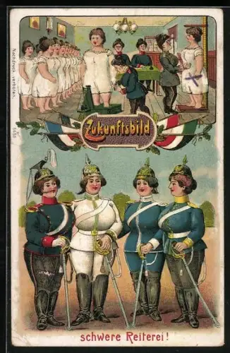 AK Gruss von der Musterung, Zukunftsbild, Frauen bei der Musterung, schwere Reiterei, dicke Kavalleristinnen