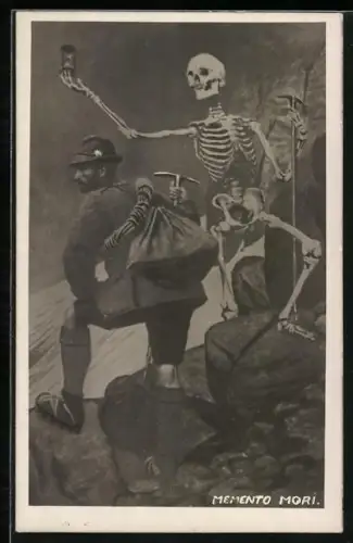 AK Wanderer mit Eispickel und Skelett mit Studenglas, Memento Mori