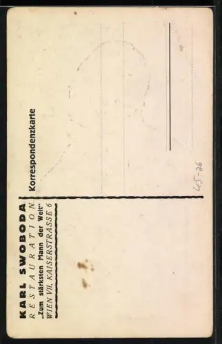 AK Weltmeisterstemmer Karl Swoboda, Restaurant Zum stärksten Mann der Welt in Wien in der Kaiserstrasse 6